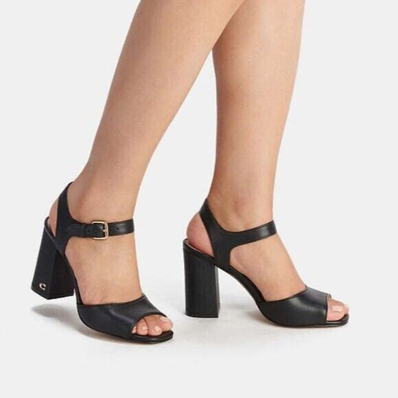 Coach Women's Black Leather Block Heeled Buckle Closure Marla Sandals Size 9 - Picture 1 of 11